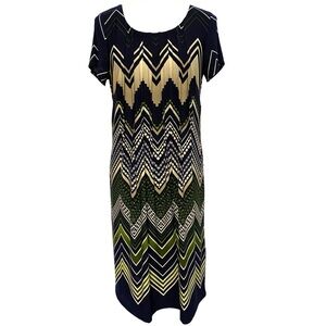 PERCEPTIONS Dress Size 10 Short Sleeve Straight Style Navy Blue Green Chevron